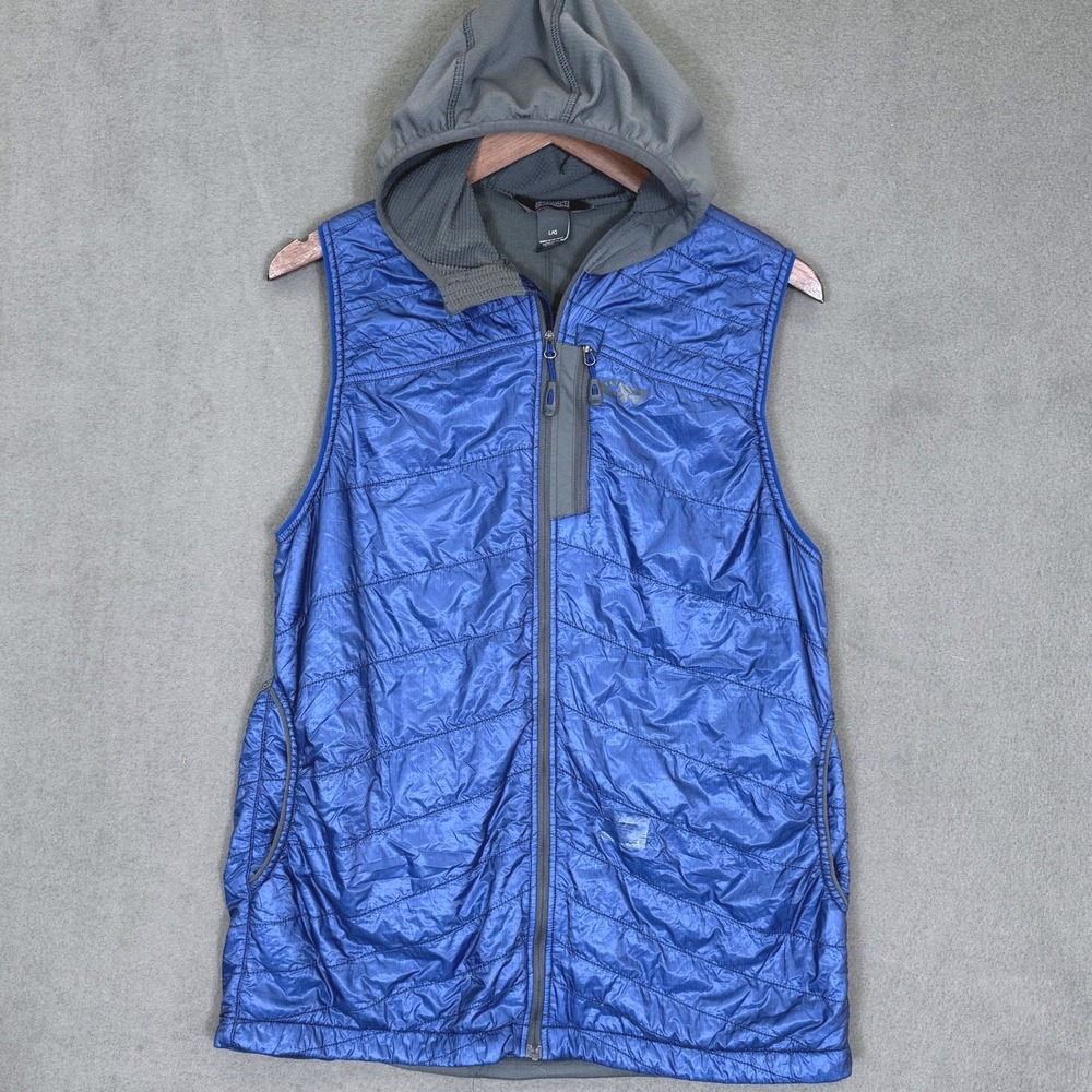 Outdoor Research Polartec Vest Men L Blue Hooded Quilted Hybrid Hiking